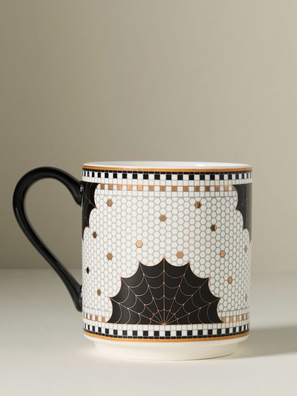 Anthropologie Bistro Tile Halloween Mug 24K Gold Accent Pumpkin Crow Spiderweb - Picture 3 of 4